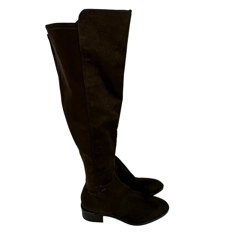 Calvin Klein Dark Brown Faux Suede Over Knee Stretch Boots Womens 8M